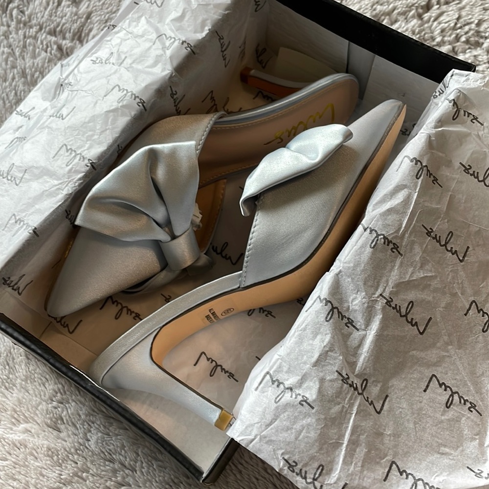 Never worn! NIB Lulus Lyle mule pumps, light blue satin. 6.5